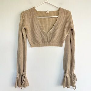 Salty Knit Cropped Sweater V Neck Cinched Sleeve Tan Top Womens Size S
